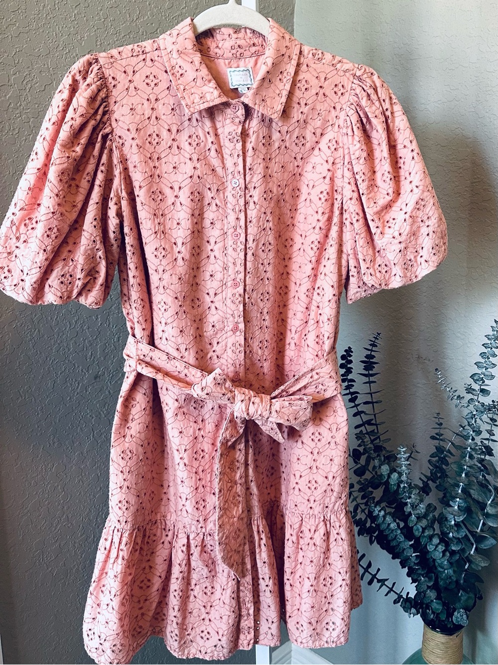 Crown & Ivy dusty rose pink button-down eyelet mini dress with sleeves size XS